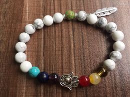 Strand Palm Bracelet 7 Chakra Leaves Pendant Natural Stone 8MM White Howlite Bracelets Mala Beads Prayer Yoga Wrist