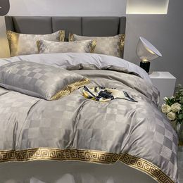 Bedding sets High Quality Satin Jacquard And Cotton Luxury Bedding Set Chic Gold Edge Embroidery Duvet Cover Set Bed Sheet Pillowcases 230607