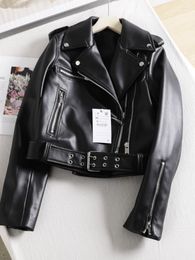 Women's Leather Women Short Jacket Vintage Long Sleeve Lapel Zipper Black Faux Coat Woman Streetwear Slim Casual PU Outwear