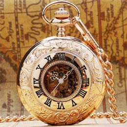 Classical Steampunk Rose Gold Colour Handwinding Mechanical Pocket Watch Unisex Roman Numerals Skeleton Clock Pendant Chain Reloj d226B