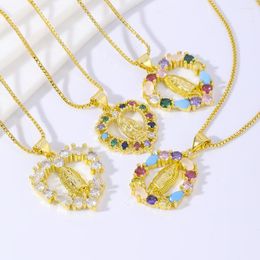 Chains Bohemia Ethnic Religion Necklace For Women Golden Alloy Luxury Colourful Zircon Hollow Virgin Mary Pendant 2023 Trendy