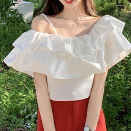 Women's Blouses French Solid Simple One-shoulder Women Shirt Elegant Ruffles Design Niche Blusa 2023 Summer Korean Chic Sweet Short Tops