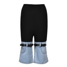 Jeans patchwork nero-blu da donna Capris lunghi casual a vita alta e pantaloni dritti opzionali al ginocchio