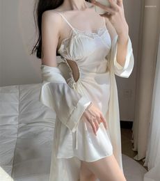 Women's Sleepwear Novelty Women Nighty Robe Set Sexy Lace Hollow Out Bathrobe Gown Suit Nightgown Summer Silky Satin Kimono Home Dress