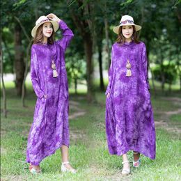 Casual Dresses 2023 Spring And Autumn Retro Button Cotton Linen Dress Fashion Tie Dye Purple Atmosphere Large Size Long Sleeve Loose Robe