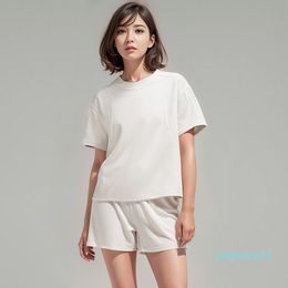 Womens ll Yoga T-shirt Summer Top Womens Ribber Round Collar Ribbing Short Sleeve Elastic Breathable Sports Fitness Solid Color