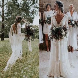 Boho Bohemia Full Lace Wedding Dresses Backless Long Sleeves Custom Made Bridal Gowns Vestido De Novia281f