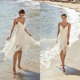 Sexy Spaghetti V Neck A Line Beach Wedding Dresses Lace Tassel Sequins Beads Short Bridal Gowns Knee Length Boho Wedding Gowns252C