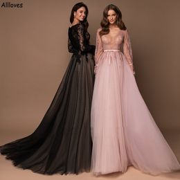 Gothic Black Tulle A Line Evening Dresses Illusion Long Sleeves Delicate Lace Prom Formal Gowns Sexy Deep V Neck Women Special Occasion Party Dress Robes CL2397