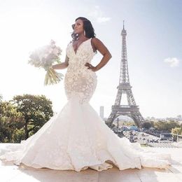 2021 sexy african Long Mermaid Wedding Dresses Plus Size 3d flower Lace appliques sweep Train Trumpet Bride Wedding Gowns custom m285v