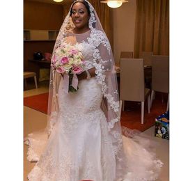 African Nigeria Sheer Neck Plus Size Wedding Dresses with Applique Mermaid Bridal Party Gown 3 4 Long Sleeve Wedding Gowns3141