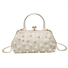 Evening Bags Summer Straw Woven Shoulder Bag Fashion Clamp Ladies Handbag And Purses Pearl Decorate Designe Mini Crossbody Women Satchel