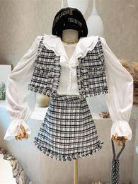 Work Dresses 2023 Women Autumn Fashion 3 Piece Sets Korean Style Elegant Tweed Vest Short Coat Chiffon Shirt And Tassel Mini Skirt Suit