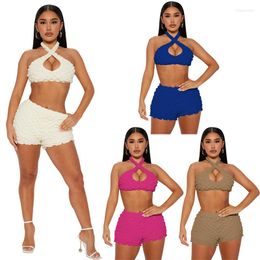 Women's Tracksuits Ladies Solid Color Sleeveless Hanging Halter T-shirt With Elastic Waist Shorts Bubble Lattice Summer Beach Commuter Suit