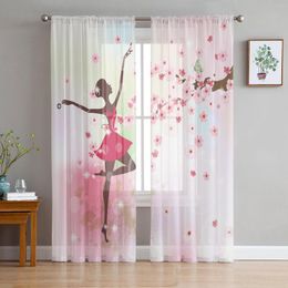 Curtain Ballet Dancer Girl Pink Flower Butterfly Tulle Sheer Curtains For Living Room Bedroom Decor Window Voile Organza Drapes