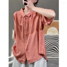 Women's Blouses Women's Clothing Simple Polo Collar Oversized Vintage Cotton Linen Single Breasted Shirt Summer Casual Solid Half Sleeve