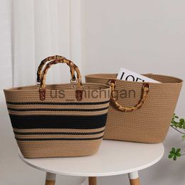 Evening Bags Bamboo Handle Women Handbags Cotton Thread Woven Tote Summer Stripe Beach Bags for Women 2023 Bohemian Straw Bag Boho Clutch New J230608