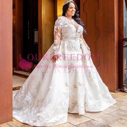 2020 Plus Size Mermaid Lace Wedding Gowns Dress With Detachable Train Beaded Long Sleeves Bride Dress Tulle Vestido de noiva288q