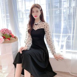 Casual Dresses Mesh Patchwork Women Printing Long Sleeve Vintage Autumn French Temperament Black A-line Elegance