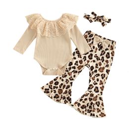 Clothing Sets Infant Baby Girls 3pc Outfit Lace Ruffles Knitted Ribbed Long Sleeve Romper LeopardFloral Print Flare Pants Headband Set 230608
