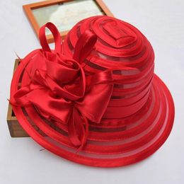 Wide Brim Hats Bucket Fashion Women Summer Organza Sun With Big Flower Fedora Hat Elegant Ladies Wedding Church Party 230608