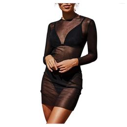 Women's Swimwear Perspective Mesh Gauze Bikini Swimsuit Cover Ups Long-sleeved Crew Neck Beach Dress Slim Mini Sunscreen 2023 Summer