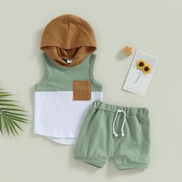 Clothing Sets Casual Infant Baby Boys Summer Clothes Outfits Set Contrast Color Hooded Sleeveless Pocket Tank Tops Shorts 2Pcs Suit For Kids