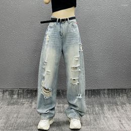 Women's Jeans Personality Old-fashioned Washed Ripped Retro Blue Women's Summer High-waisted Loose Casual Female Thin Wide-leg Trousers
