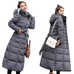 Women's Trench Coats Women Coat Long Winter Jacket Over Knee Length Cotton Warm Bow Belt Fur Collar Thickened Dress For Ladies