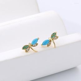 Stud Earrings Fashion 925 Sterling Silver Cute Coloured Zircon Dragonfly For Women Chic Turquoise Charm Ear Bone Jewellery AEZ102