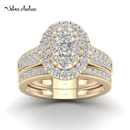 Shimmering Diamond Couple Set - Sterling Silver & 5A Zircon halo wedding ring set with 14k Gold Accents - Classic Jewelry for Women (2PCS)