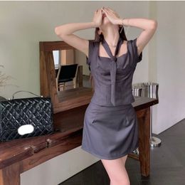 Two Piece Dress Summer Grey Womens Suit Straps Set Sleeveless Fashion Y2K Suspender Simple Female Temperament Party Skirt 230607