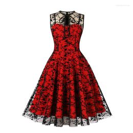 Casual Dresses 2023 Women Clothing Summer Sleeveless O Neck Mesh Red Party Vintage Retro Rockabilly Pin Up Swing Skater Dress