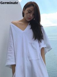 Dress Germinate V Neck Midi Dress Women Summer 2022 Oversized Tunics Beach Casual Vintage Pocket Slit Black White Dresses Sundress