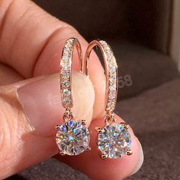 Trendy Rose Gold Color Drop Earrings For Women Round Cubic Zirconia Pendant Luxury Bride Wedding Earrings Fashion Jewelry