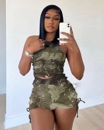 Women's Tracksuits Sexy Slim Camouflage Print Two Piece Set Women Sleeveless Vest Drawstring Shorts Outfit Summer Matching Sets