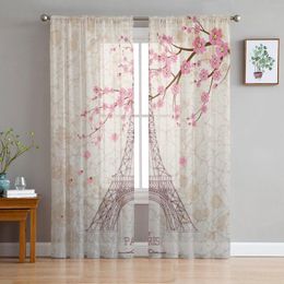 Curtain Cherry Blossom Eiffel Tower Flower Tulle Curtains For Living Room Bedroom Kitchen Decoration Chiffon Sheer Voile Window