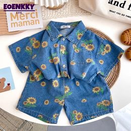 Clothing Sets Summer Kids Denim Shirts Set Boys Girls Shortsleeved and Shorts Daisy Print Twopiece Children Casual Loose 230608