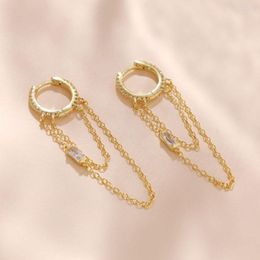 Hoop Earrings Real 925 Sterling Silver Tassel Chain Square CZ For Women 18K Gold Plated Trendy Piercing Party Jewellery