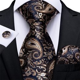 Neck Ties Men Tie Gold Blue Paisley Wedding Tie For Men Hanky Cufflinks Silk Men Tie Set Party Business Fashion DiBanGu Designer MJ-7249 230607