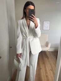 Women's Two Piece Pants Work Wear Suits For Women Office Elegant Pant Sets Shawl Lapel Belted Blazer And Straight Leg 2 Outfit