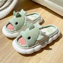 Summer Women Men Slippers Cartoon Shark Linen Thick Platform Slides Girls Beach Ladies Shoes Soft Indoor Home Sandals Flip Flops L230518