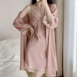 Women's Sleepwear Twinset Robe Set Lace Nightgown Sexy Women Kimono Gown Suit Summer Female Nightwear Rayon Bathrobe Home Dress