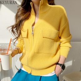 Sweaters Knitted Cardigan Women Sweater Jacket 2022 Autumn Winter Fashion Solid Color Stand Collar Full Sleeve Basic Knitwear Short Coats