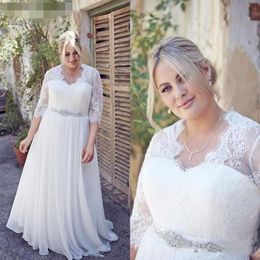 Plus Size Wedding Dresses Scalloped V Neck Lace Chiffon Crystal Beaded Chiffon Floor Length 3 4 Long Sleeves Wedding Gown vestido 253i