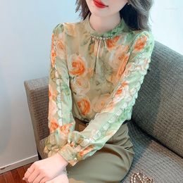 Women's T Shirts 2023 Spring Fall Women Stand Collar Pearls Ruffles Floral Chiffon Top Shirt Woman Vintage Tops