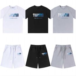 Summer White Blue Embroidery Fashion Casual Loose Round Neck Trapstar Short Sleeve T-shirt Capris Shorts Men's and Women's Sports Set by