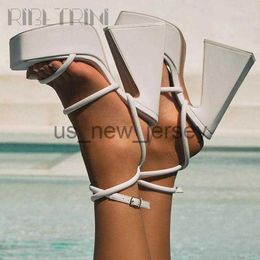 Sandals RIBETRINI Sexy Luxury Design Women Sandals Ankle Strappy Open Toe Dress Super High Heels Summer Shoes White Square Toe Shoes J230608