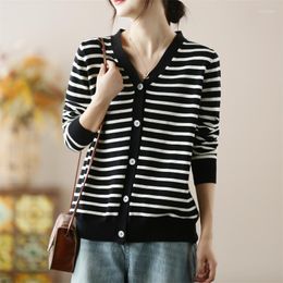 Women's Knits Black And White Striped Knitted Sweater For Women's Autumn Vintage Literature Leisure Loose V-neck Long Sleeve Cardigan