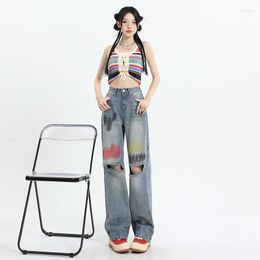 Women's Jeans 2023 Summer High Street Hand-painted Splash Ink Ripped Wide Leg Women's Blue Waist Straight Pants Women